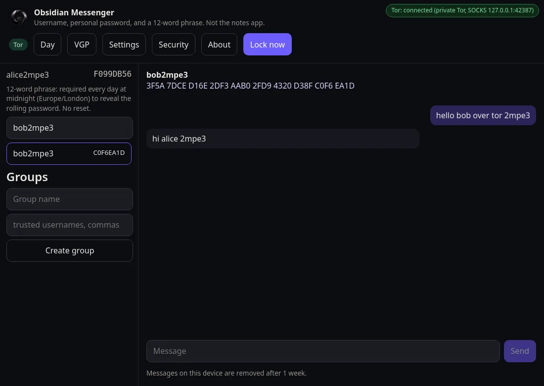 Obsidian Messenger one-to-one chat